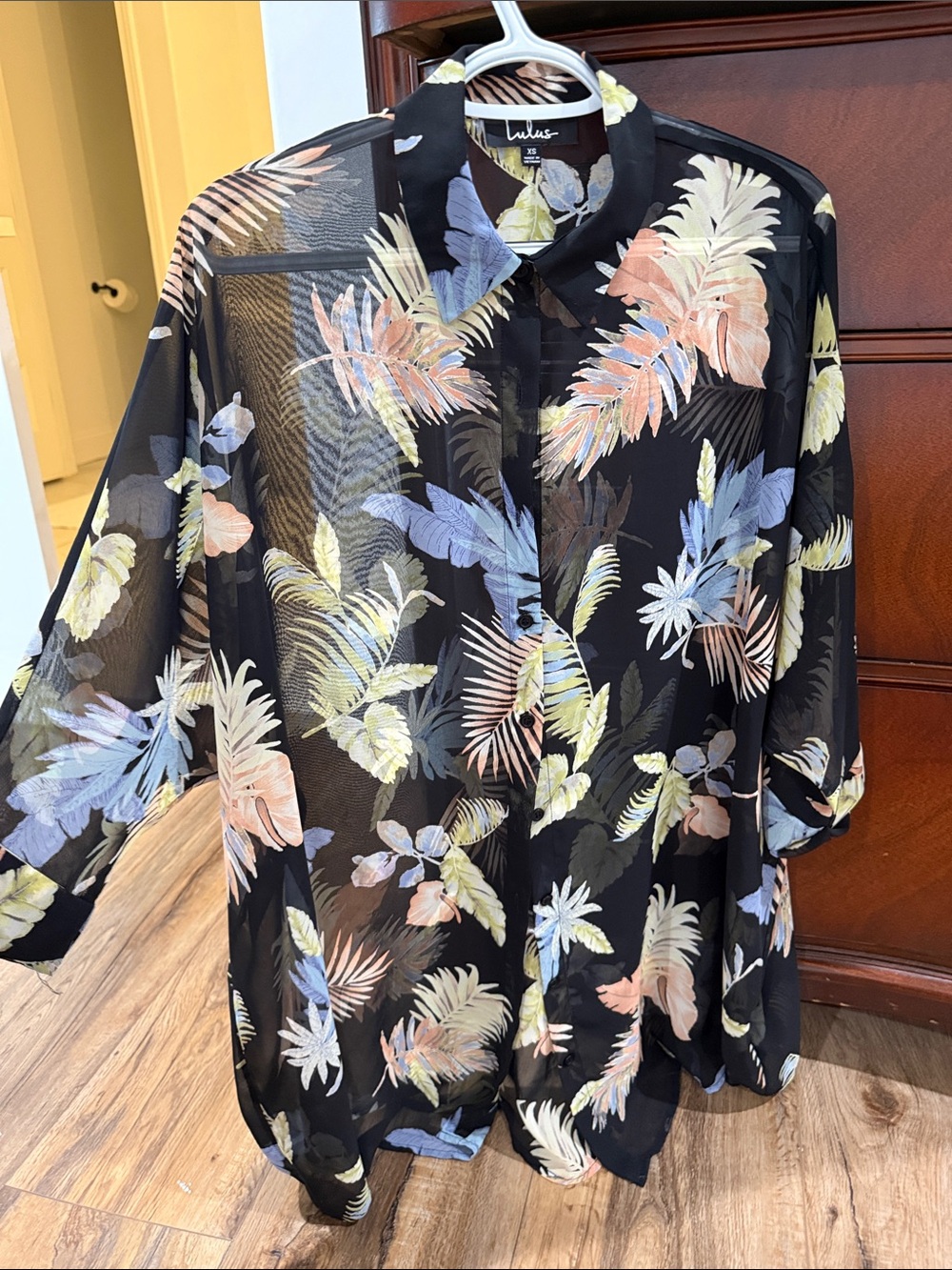 Lulu's Black Button-Up Blouse with Pastel Floral Print